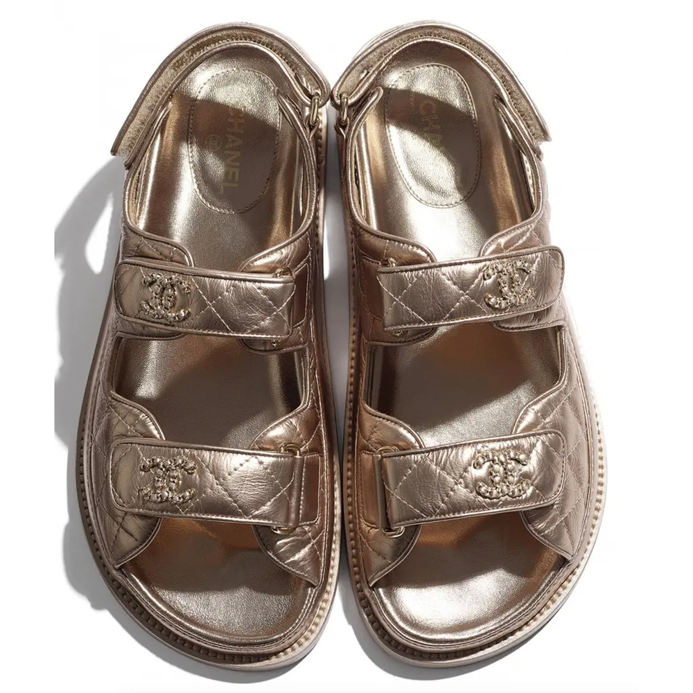Chanel 21C Bronze Quilted Chain CC Logo Mule Slide Strap Flat Teva Dad Sandal 37 - Picture 6 of 12